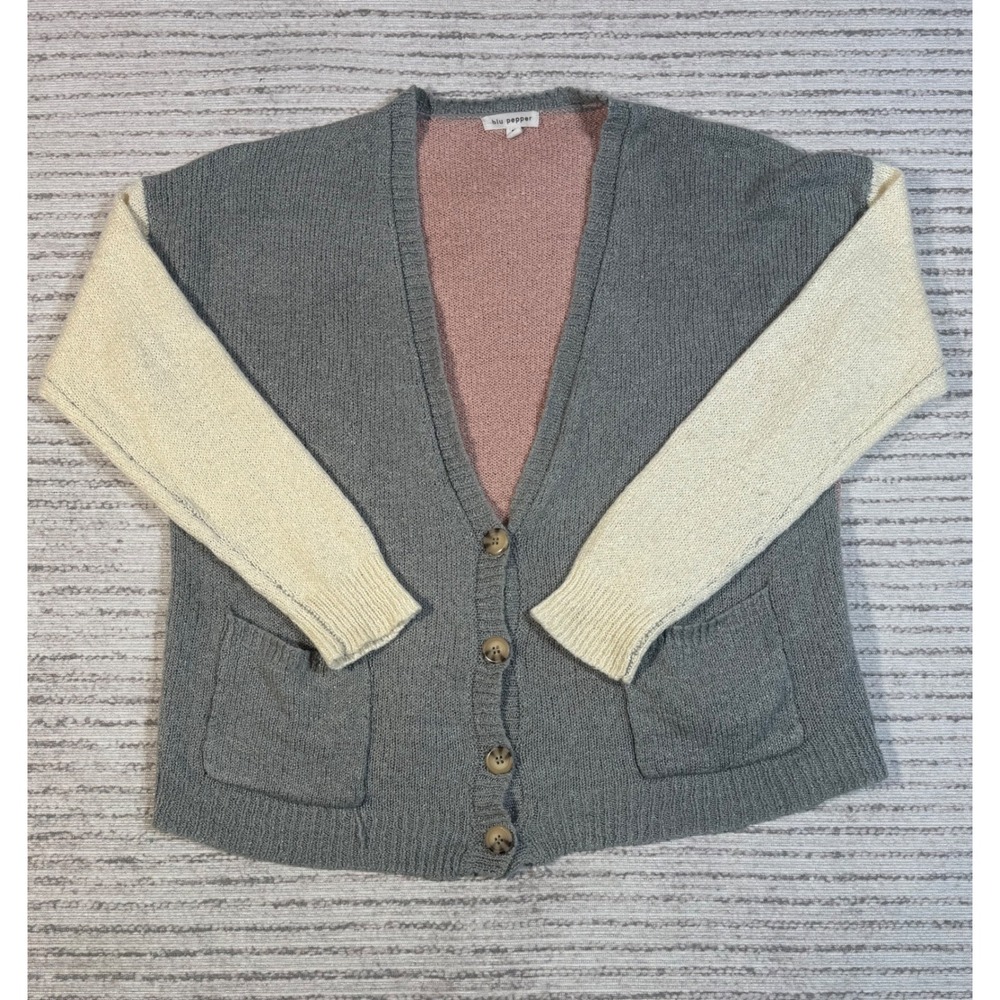 Blu Pepper Womens Colorblock Button Front Cardigan Sweater Grey Pink Cream Small